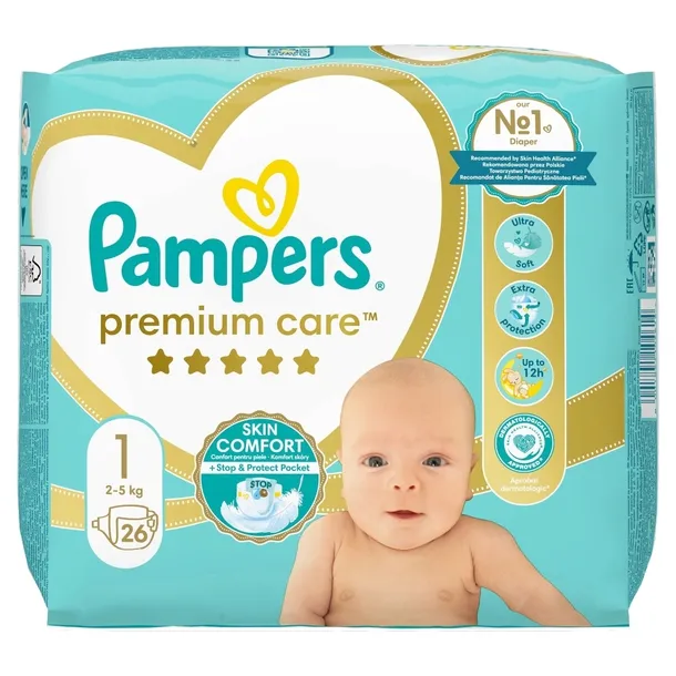 5x Pieluchy dla dziecka PAMPERS Premium Care rozmiar 1 (2-5 kg) 26 szt