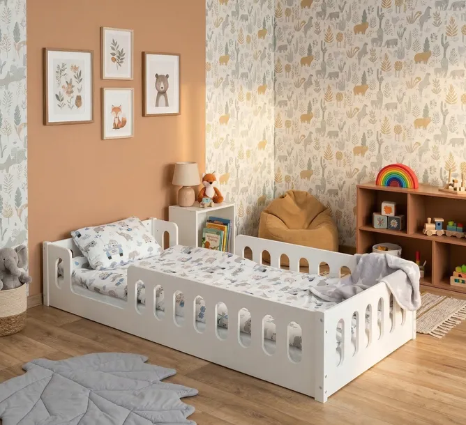 Łóżko dla dziecka LUMI 90x200 parterowe podłogowe MONTESSORI Niskie BIAŁY