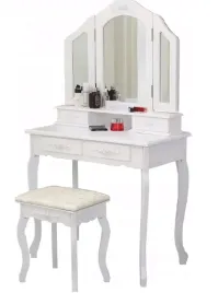 toaletka-kosmetyczna-z-lustrem-3-lustra-taboret-szuflady-biala-stylowa
