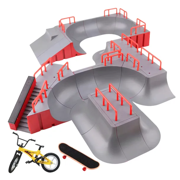 MINI ZESTAW SKATEPARK FINGERBOARD DLA DZIECI 6w1 PORĘCZE DESKOROLKA ROWER