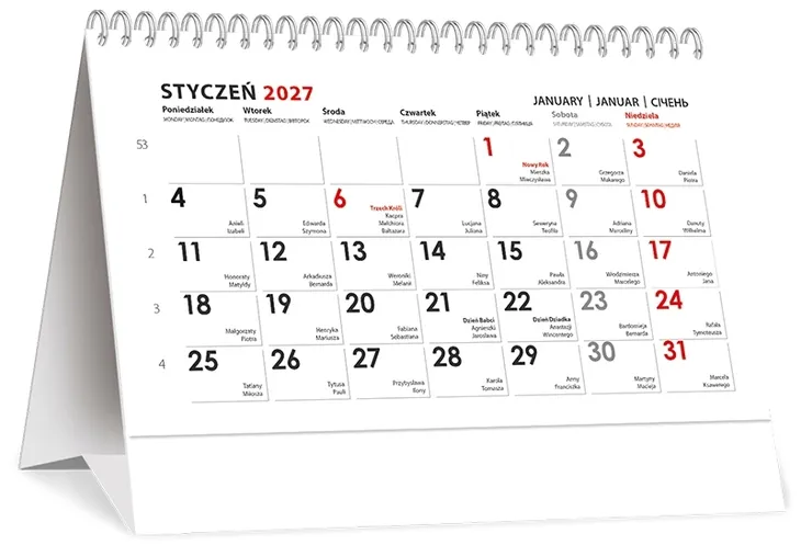 Kalendarz Biurkowy 2027 Planer Miesięczny Poziomy Stojący Wyrazisty
