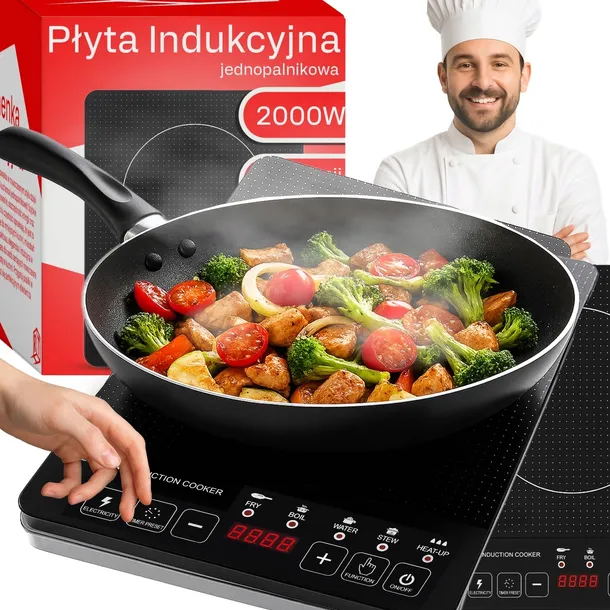 PŁYTA INDUKCYJNA JEDEN PALNIK ELEKTRYCZNA MOBILNA 2000W KUCHENKA 5 FUNKCJI