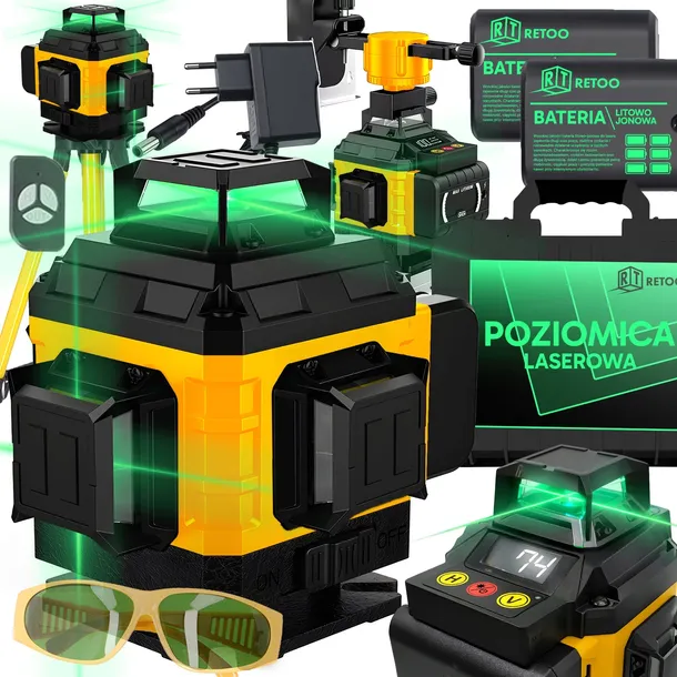 POZIOMICA LASEROWA POZIOMICA KRZYŻOWA 4D 16 LINII LASER + 2X AKU STATYW XL