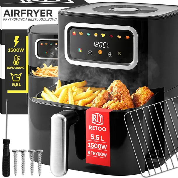 FRYTKOWNICA BEZTŁUSZCZOWA AIR FRYER FRYTOWNICA 1450W MISA 5,5L 8 PROGRAMÓW
