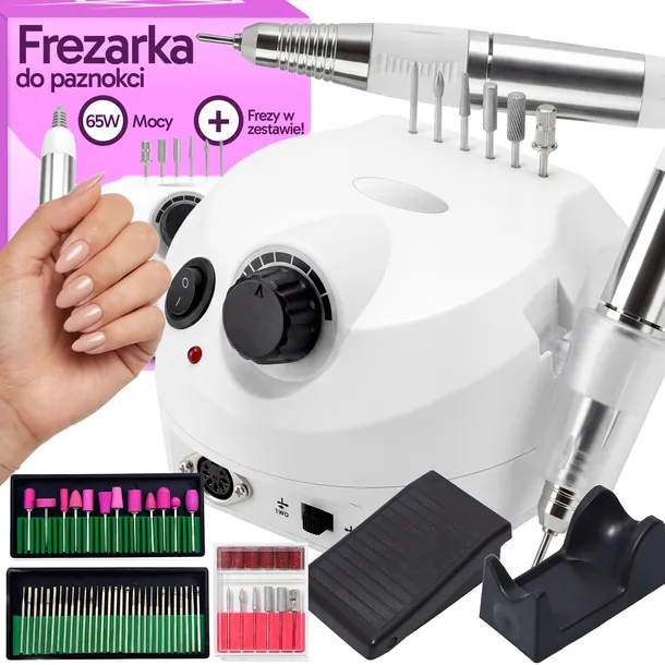 FREZARKA DO PAZNOKCI MANICURE PEDICURE ŻEL HYBRYDA 65W MOCNA+FREZY ZESTAW