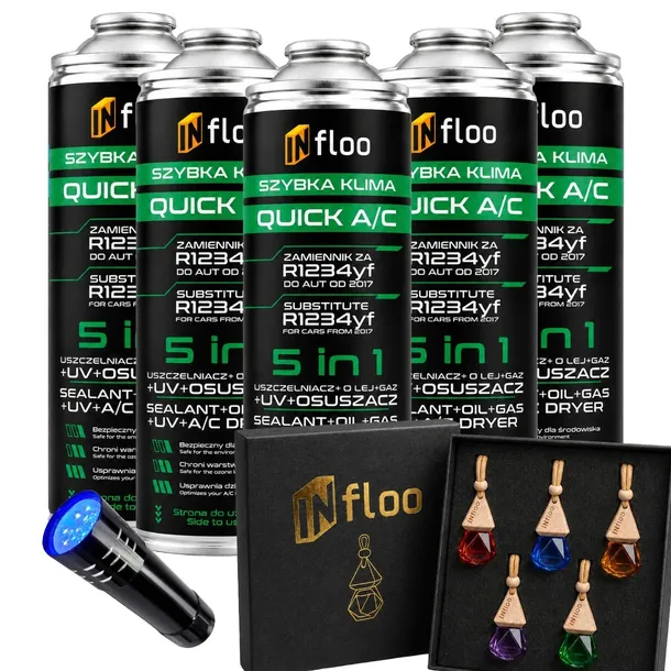 INfloo 5x Szybka Klima R1234yf 5W1 USZCZELNIACZ GAZ OLEJ UV OSUSZA + GRATIS