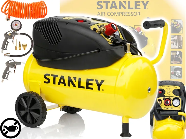 STANLEY KOMPRESOR BEZOLEJOWY SPRĘŻARKA 24L 10bar 2KM + zestaw pistolet wąż