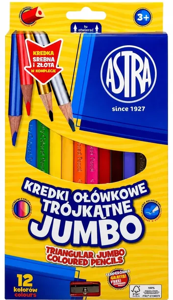Astra Kredki JUMBO trójkątne 12 kolorów w tym srebrna i złota