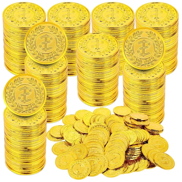 ŻETONY PLASTIKOWE ZŁOTE 100 SZT. MONETY PIRACKIE 3,5 CM DO GRY ZABAWY