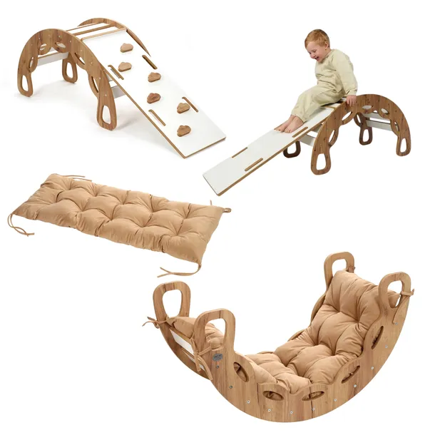 Bujak Montessori 4w1 dębowo-biały + ścianka + poduszka beżowa Kids Helper
