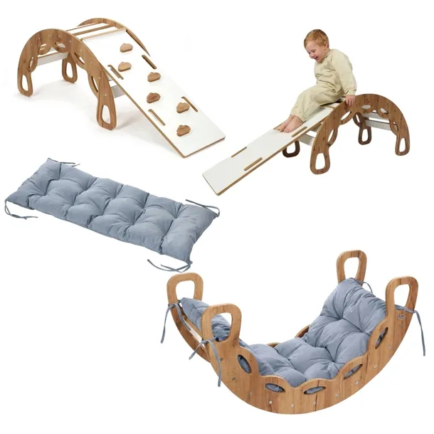 Bujak Montessori 4w1 dębowo-biały + ścianka + poduszka szara Kids Helper