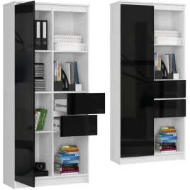 regal-do-salonu-biura-bialy-1d-80-cm-2-szuflady-6-polek-front-czarny-polysk