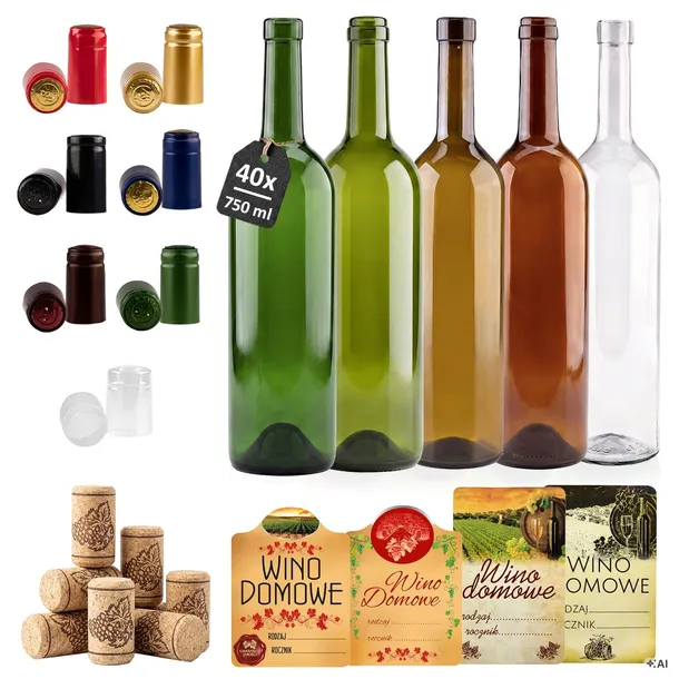 40x ZESTAW BUTELKI do WINA + KORKI + KAPTURKI butelki na wino 750 ml 0,75 l