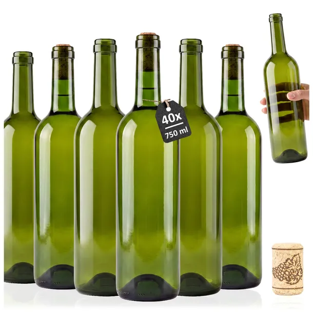 40x Butelki na wino zielona oliwka BORDEAUX 750 ml z korkiem aglomerowanym