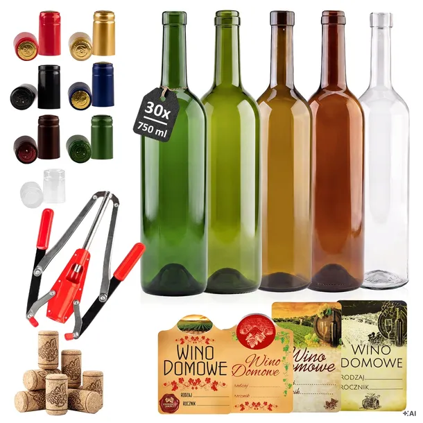 40x Butelki DO WINA Bordeaux 750 ml ZESTAW z KORKOWNICĄ KORKAMI ETYKIETAMI