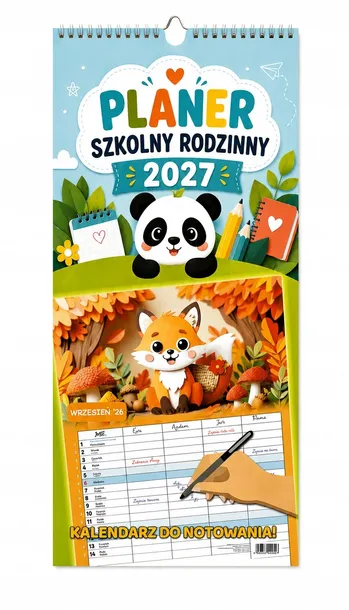 PLANER RODZINNY 2026/2027 KALENDARZ ŚCIENNY DO NOTOWANIA SZKOLNY ZWIERZĘTA