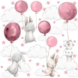 naklejki-scienne-dla-dzieci-kroliczki-rozowe-balony-chmurki-kropki-zestaw