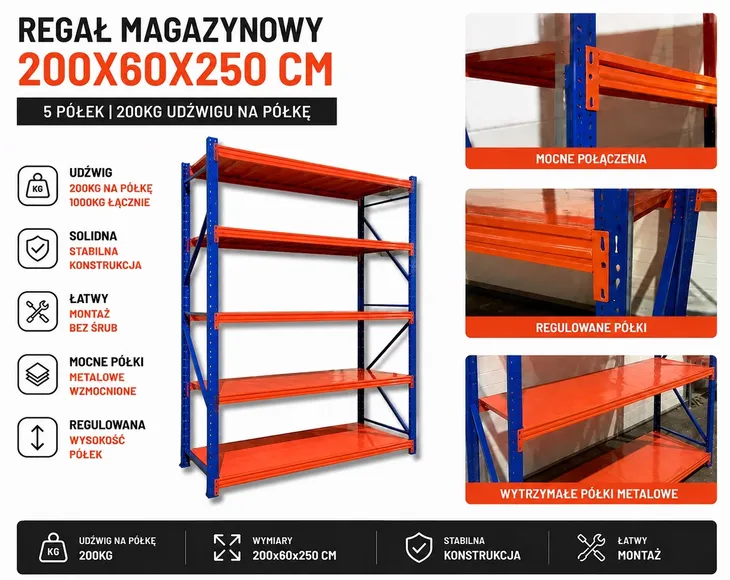 Regał Metalowy Magazynowy Warsztatowy 200x60x250cm 5-PÓŁKOWY 1000KG