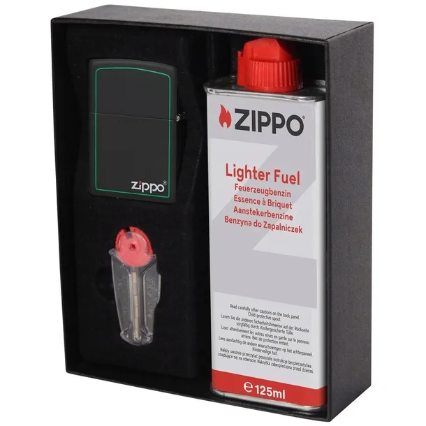 Zestaw prezentowy ZIPPO Black Matte Logo Kamienie Benzyna Pudełko BOX