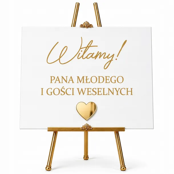 Tablica WITAMY PANA MŁODEGO i gości weselnych 40x30cm serce złote lustro