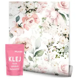 tapeta-do-salonu-sypialni-malowane-kwiaty-roze-natura-liscie-rosliny