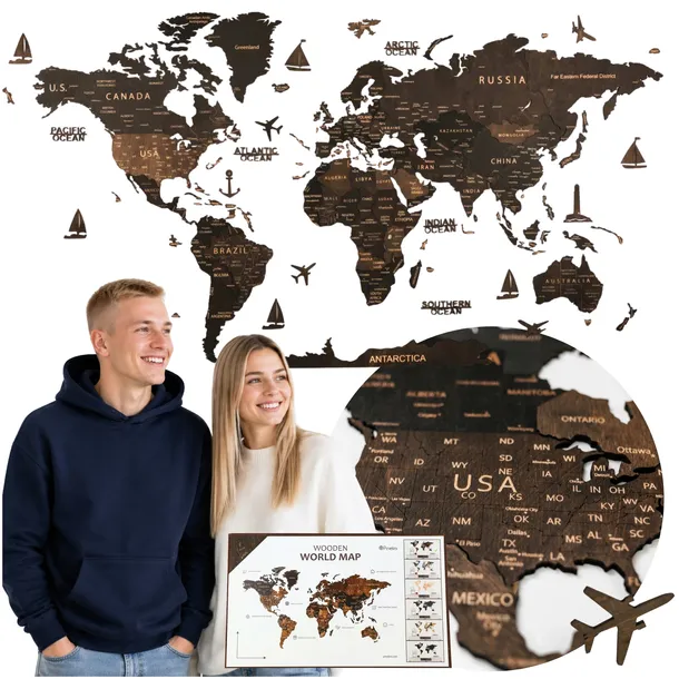 Mapa Drewniana Świata SZCZEGÓŁOWA 3D XL 130cm Miasta Granice dla Podróżnika