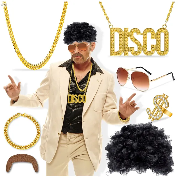 PRZEBRANIE DISCO KOSTIUM RETRO LATA 70 80 90 STRÓJ PERUKA WĄSY OKULARY 7 EL