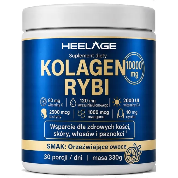 Kolagen na Stawy Rybi, Morski 10000 + Kwas Hialuronowy, Biotyna, Mangan, D3 - Owocowy - Heelage
