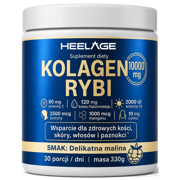 KOLAGEN RYBI - Kolagen Na Stawy Kolana Paznokcie Włosy Zmarszczki Skórę 330G - Smak Malinowy - Heelage