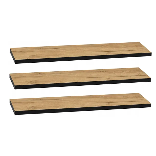 3X PÓŁKA ŚCIENNA 80 CM DĄB CRAFT/CZARNY Z KOŁKAMI NIEWIDOCZNY MONTAŻ