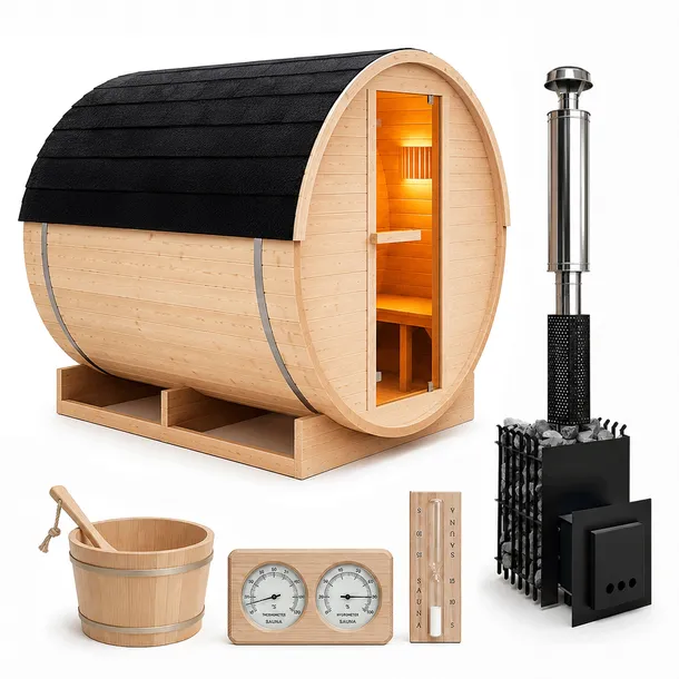Sauna ogrodowa beczka 200x200cm + piec na drewno