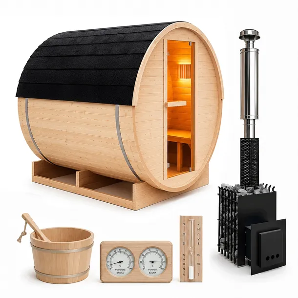 Sauna ogrodowa zewnętrzna beczka 200x150cm do montażu + piec na drewno