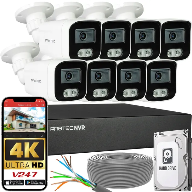 Zestaw kamer do Monitoringu 8 Kamer IP 8MP PoE Mikrofon Detekcja Ludzi HDD