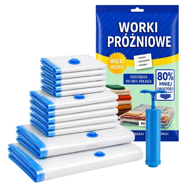 WORKI PRÓŻNIOWE DO WALIZKI SZAFY NA UBRANIA POŚCIEL ZESTAW 12SZT + POMPKA