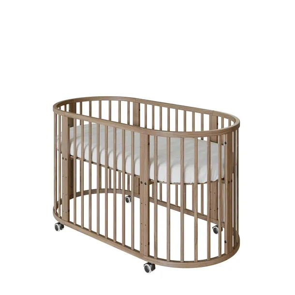 Łóżeczko OVI ORZECH OWALNE z MATERACEM 5w1 140x70 Kółka Kojec Dostawka