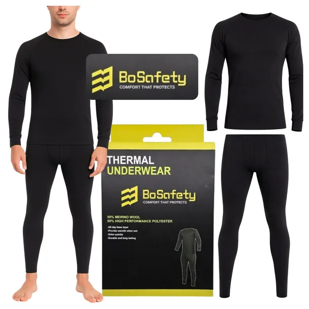 Bielizna termoaktywna męska z wełny merino Bosafety 2XL ZESTAW czarny