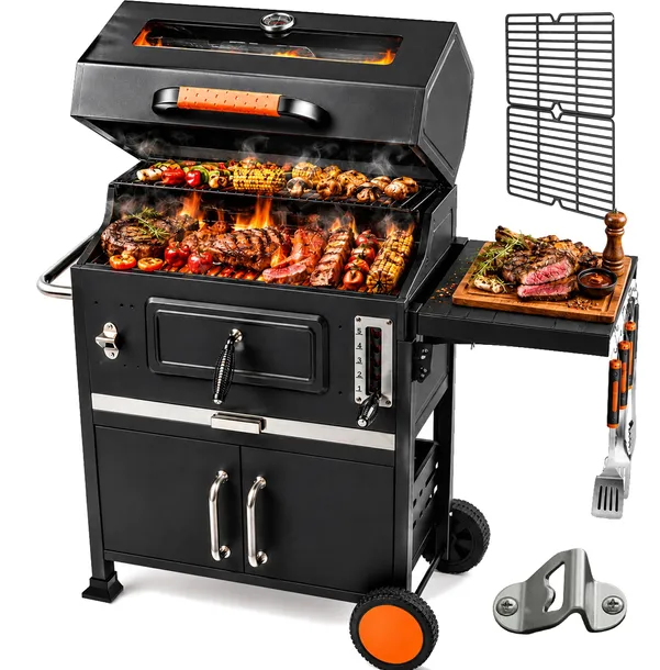 Grill węglowy ogrodowy duży pokrywa regulacja ruszt żeliwny termometr szyba