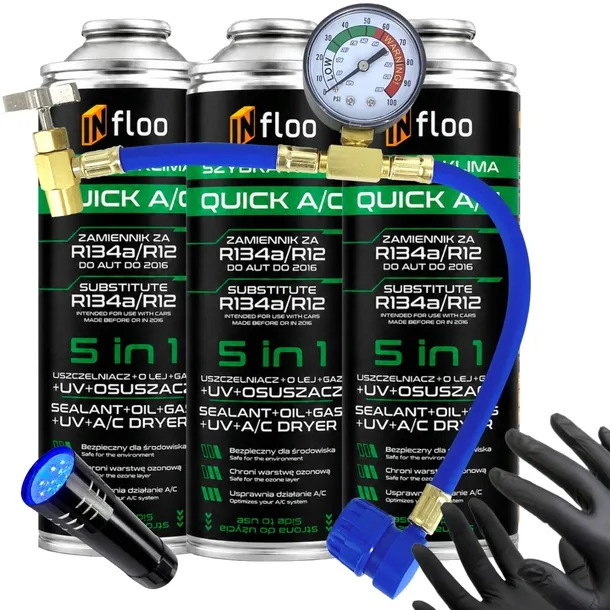 3x CZYNNIK CHŁODNICZY R134 a INFLOO 5w1 GAZ DO KLIMATYZACJI R134A + PRZEWÓD