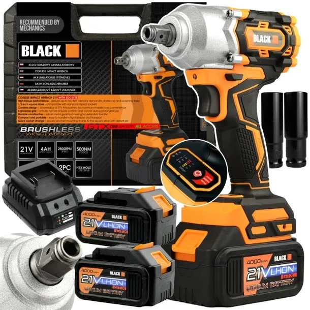 KLUCZ UDAROWY AKUMULATOROWY 21V 500Nm BRUSHLESS 1/2" 2x4Ah BLACK + NASADKI