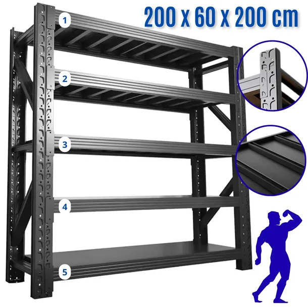 Herkules Regał metalowy 200x60x200 5 półek moduł BAZOWY 200 kg na półkę