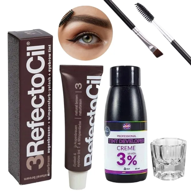 ZESTAW DO HENNY Woda Pędzelek Skośny Kieliszek Refectocil 3.0 Henna do Brwi