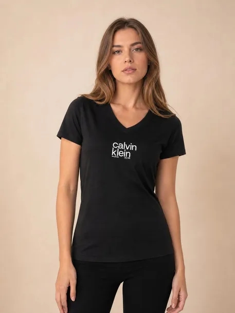 Koszulka damska Calvin Klein czarna bawełniana, dekolt V - rozmiar M | Idealne na jesień!