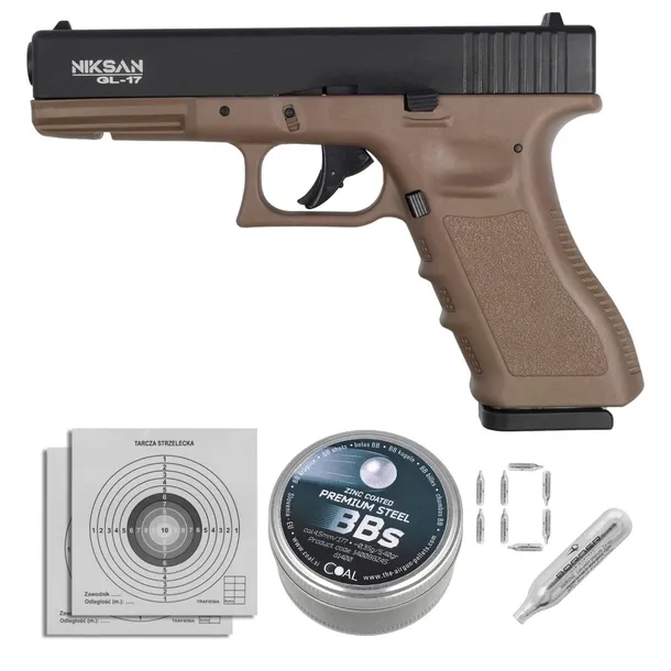 Pistolet wiatrówka Niksan Defence NKS GL17 Tan Blow Back 4.5 mm zestaw