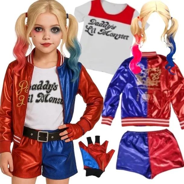 STRÓJ HARLEY QUINN KOSTIUM DLA DZIEWCZYNKI + PERUKA DODATKI 146/152 XL