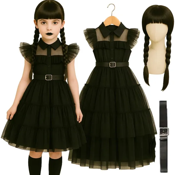 STRÓJ WEDNESDAY ADDAMS CZARNA SUKIENKA TIULOWA + PERUKA 4-7 LAT