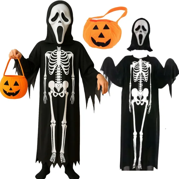 STRÓJ KOŚCIOTRUP HALLOWEEN SZKIELETOR PRZEBRANIE + MASKA KRZYK KOSZYK DYNIA