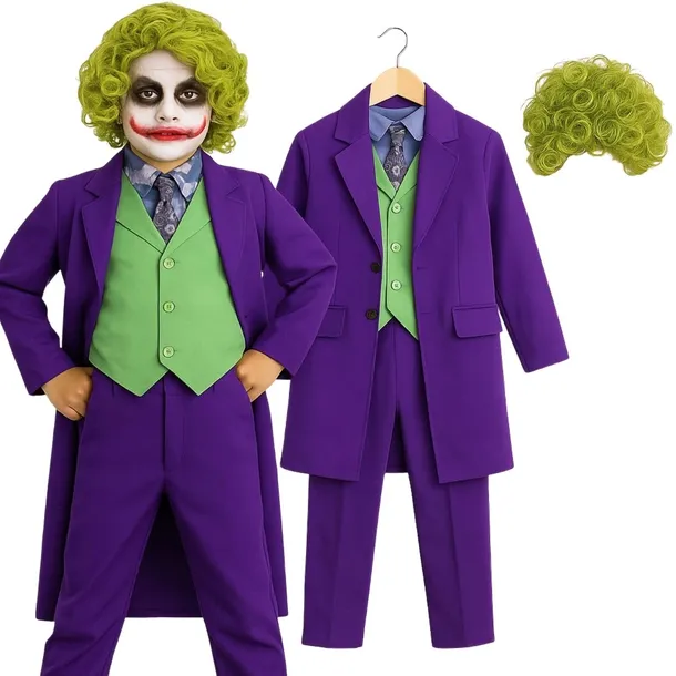 STRÓJ JOKER PRZEBRANIE HALLOWEEN KLAUN KOSTIUM + ZIELONA PERUKA 146/152