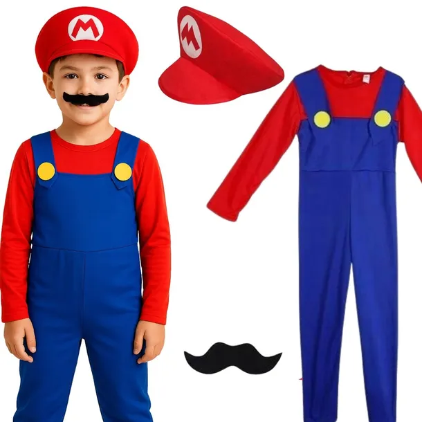 STRÓJ MARIO PRZEBRANIE KOSTIUM DLA CHŁOPCA + CZAPKA WĄSY 122/128