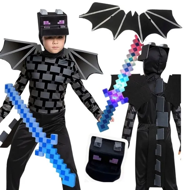 MINECRAFT ENDERDRAGON CZARNY SMOK STRÓJ KOSTIUM + MIECZ LED PIXEL 110/116