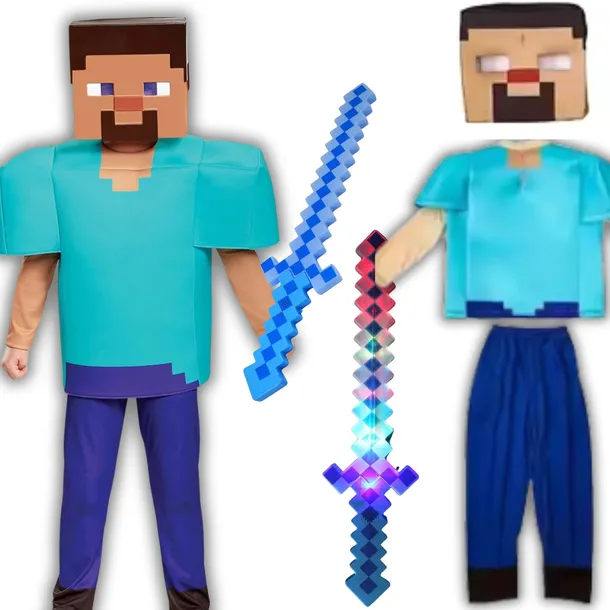 MINECRAFT STRÓJ KOSTIUM STEVE DLA CHŁOPCA + MASKA MIECZ LED PIXEL 110/116